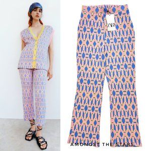 ZARA Pink, Blue & Yellow Jacquard Knit Kick Flare Pants